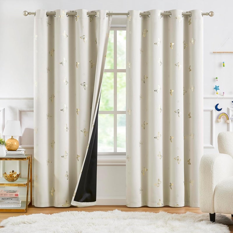 Jubilantex ستائر معتمة بتصميم فراشة 95" طويلة لغرفة الأطفال، بتصميم زهور باللون البيج والذهبي مع طبقة سوداء لتعتيم الغرفة، 52x95 - Image 1